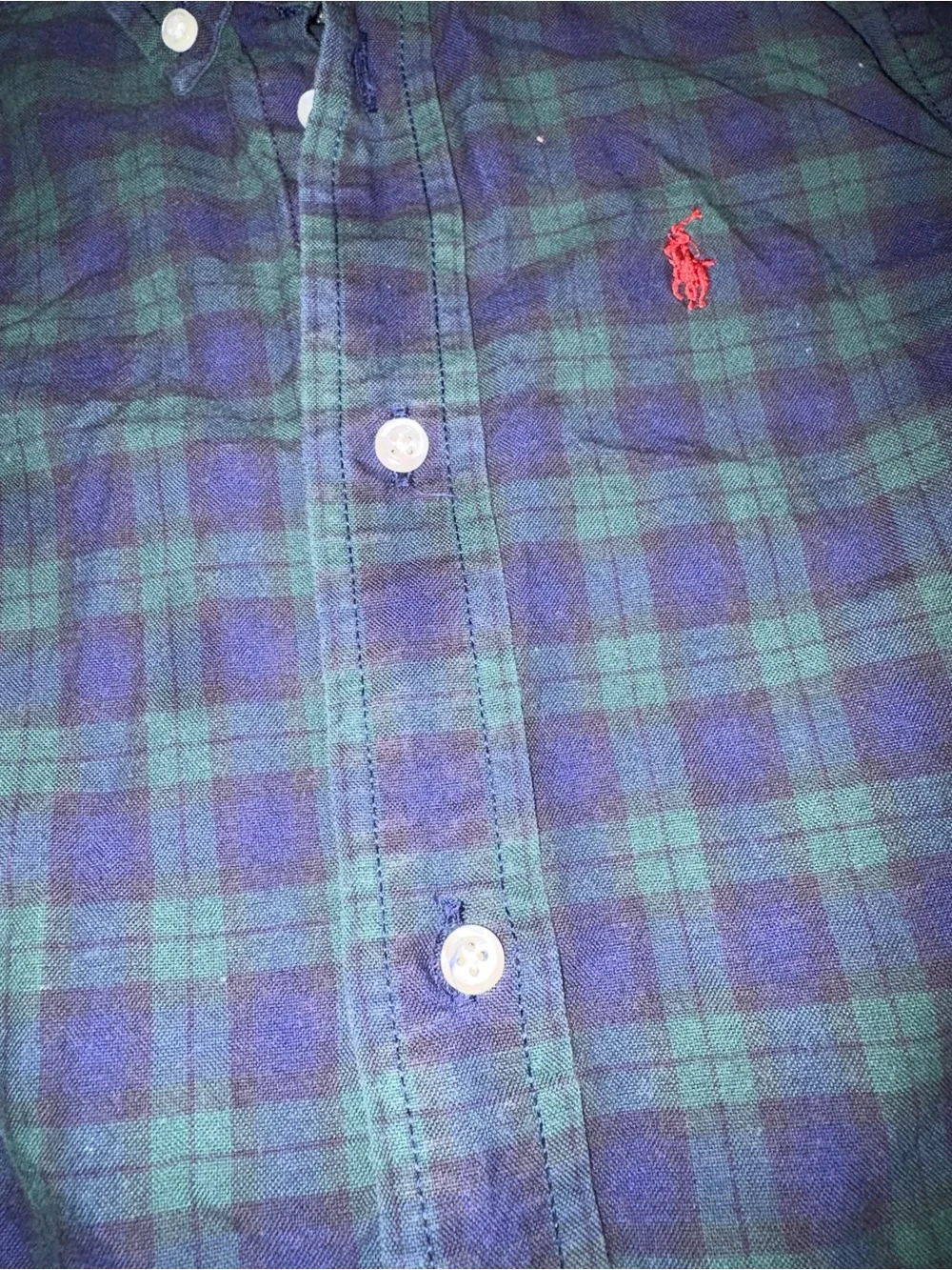 Ralph Lauren Green & Navy Plaid Button-Down Shirt with Red Logo